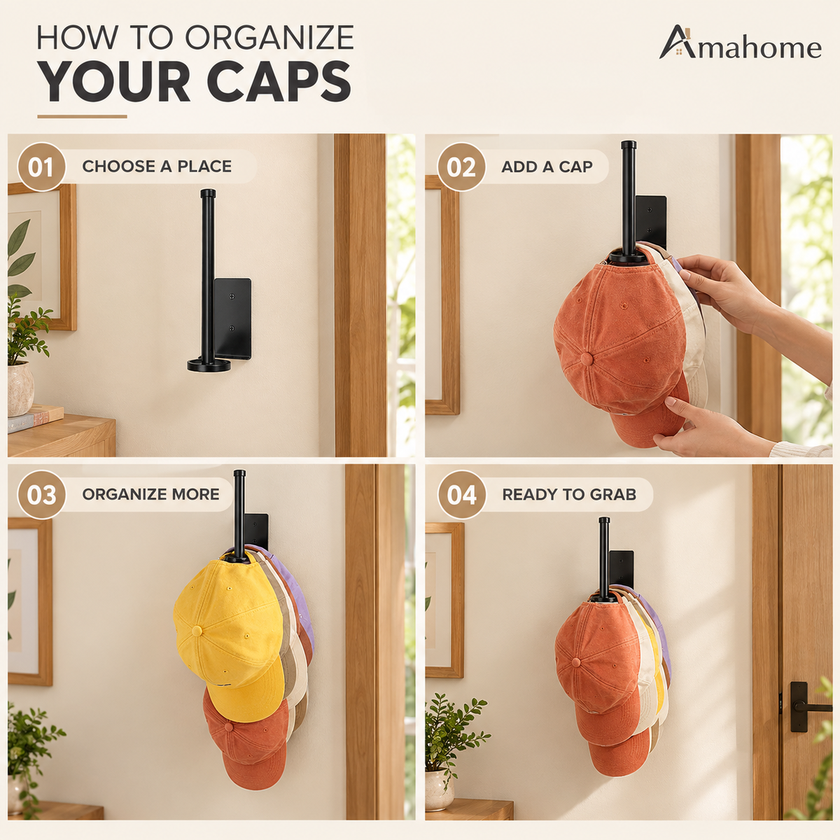 Wall-Mounted Cap Organizer – Space-Saving Hat Storage Rack