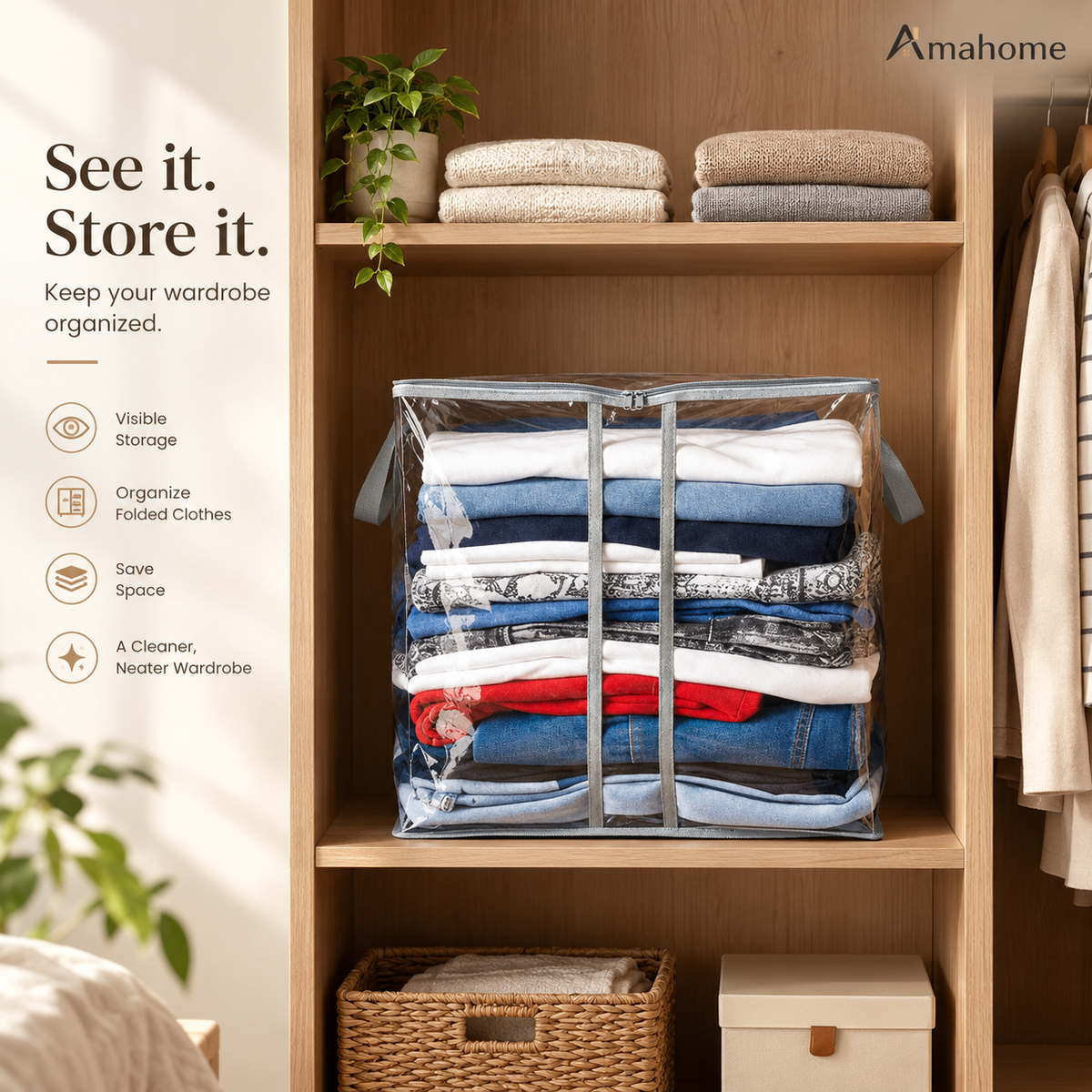Transparent clothes storage organizer bag filled with folded clothing on a wardrobe shelf