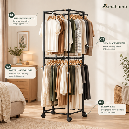 2-Tier Rolling Clothes Rack – Double-Layer Garment Organizer with Wheels