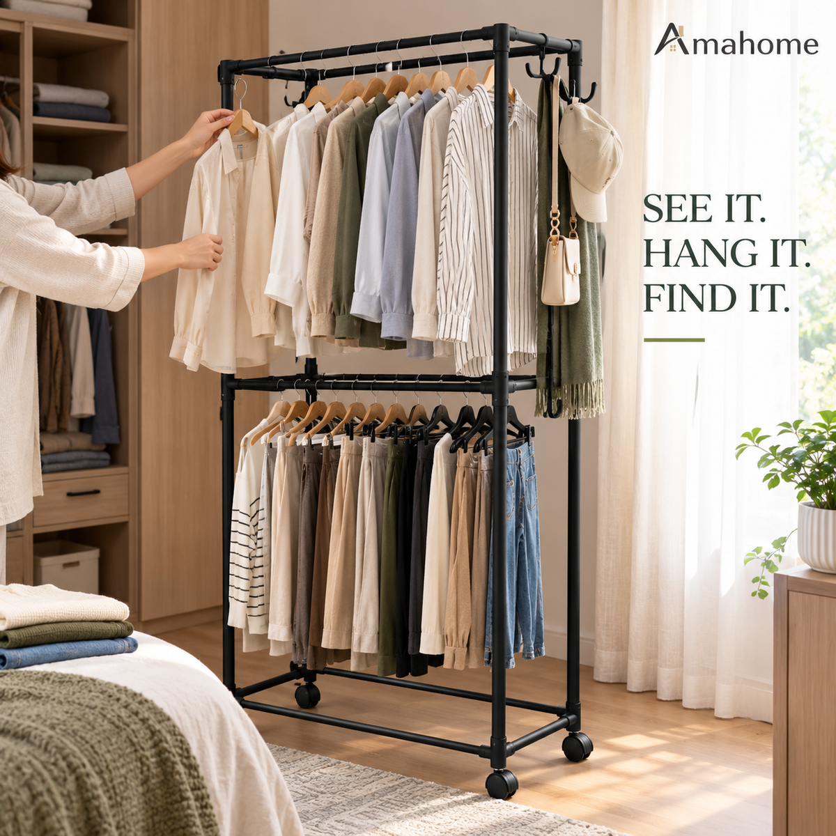 2-Tier Rolling Clothes Rack – Double-Layer Garment Organizer with Wheels