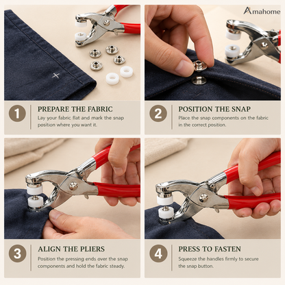 Snap Button Pliers Kit with 50 Metal Buttons – No-Sew Clothing Fastener & Button Installation Tool