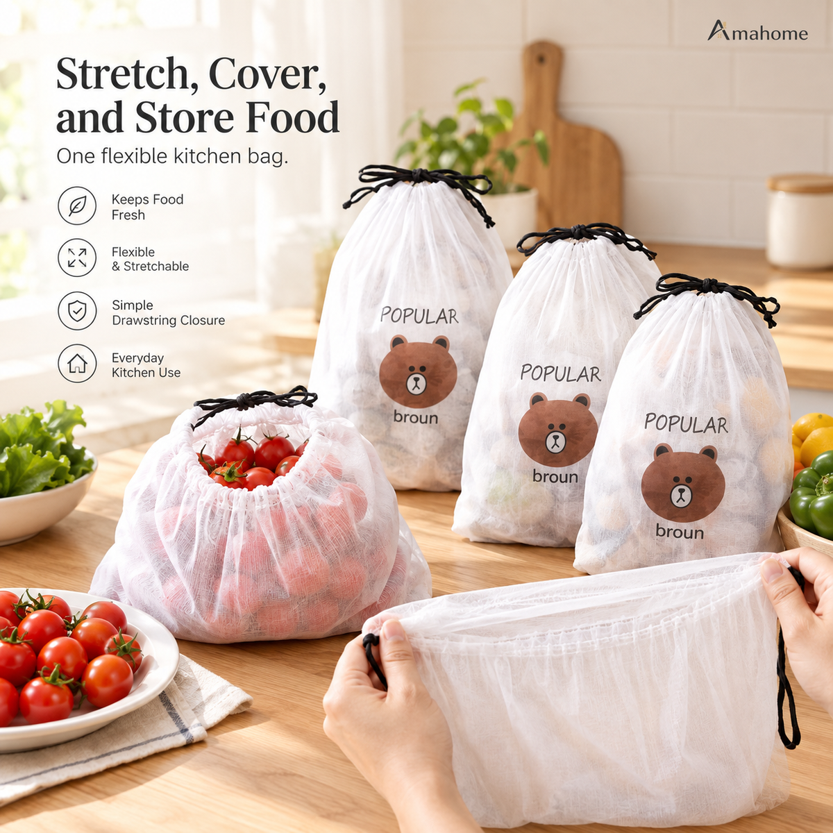 Flexible Food Storage Cover Bags – Stretchable Drawstring Food Protector