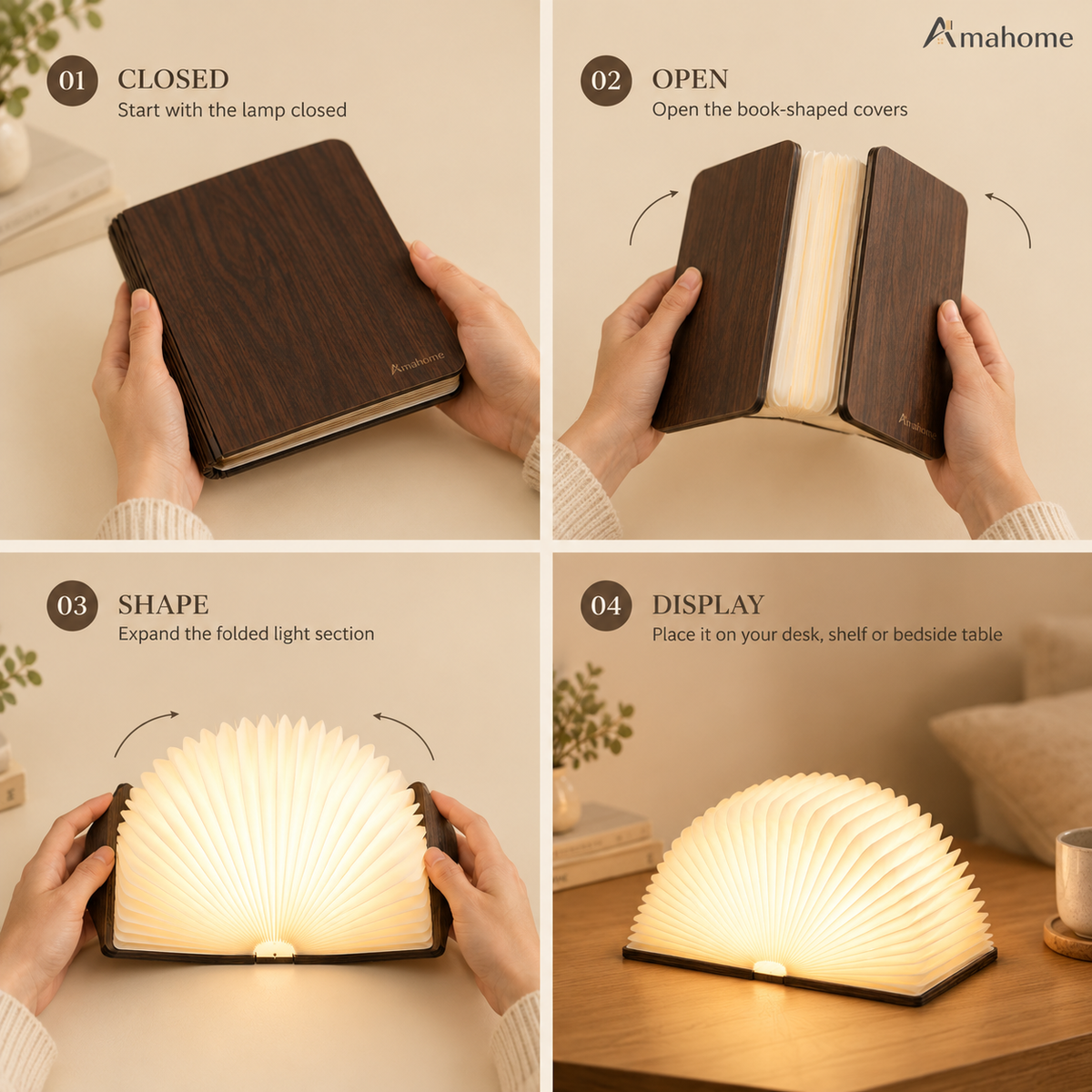 Foldable Book-Shaped LED Lamp – 3 Color Modes USB Rechargeable Decorative Night Light