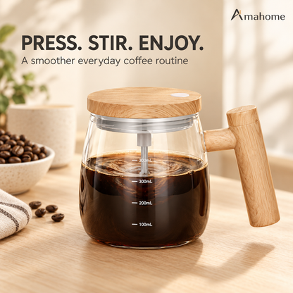400ml Self-Stirring Coffee Mug – Automatic Mixing Glass Cup with One-Touch Button & Wooden Handle