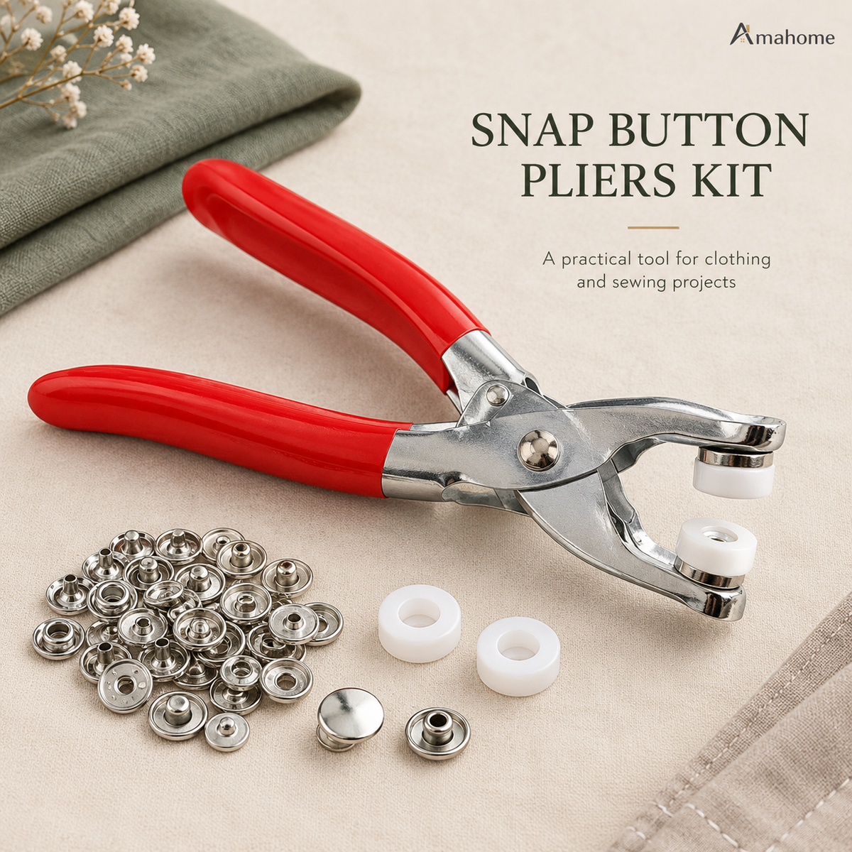 Snap Button Pliers Kit with 50 Metal Buttons – No-Sew Clothing Fastener & Button Installation Tool