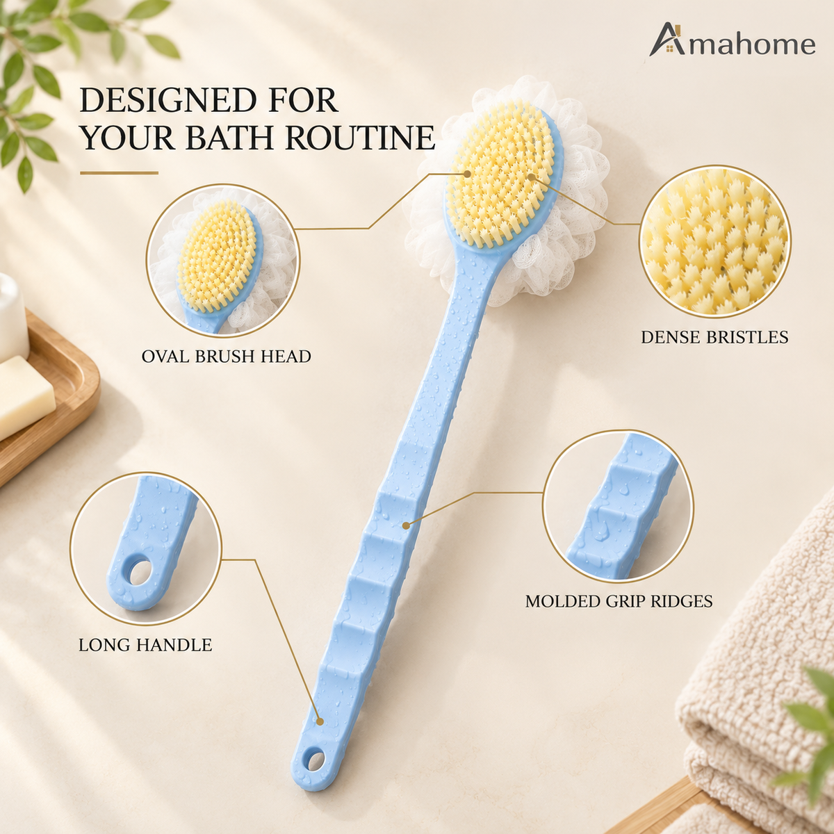 Long Handle Shower Brush with Soft Bristles & Body Scrubber