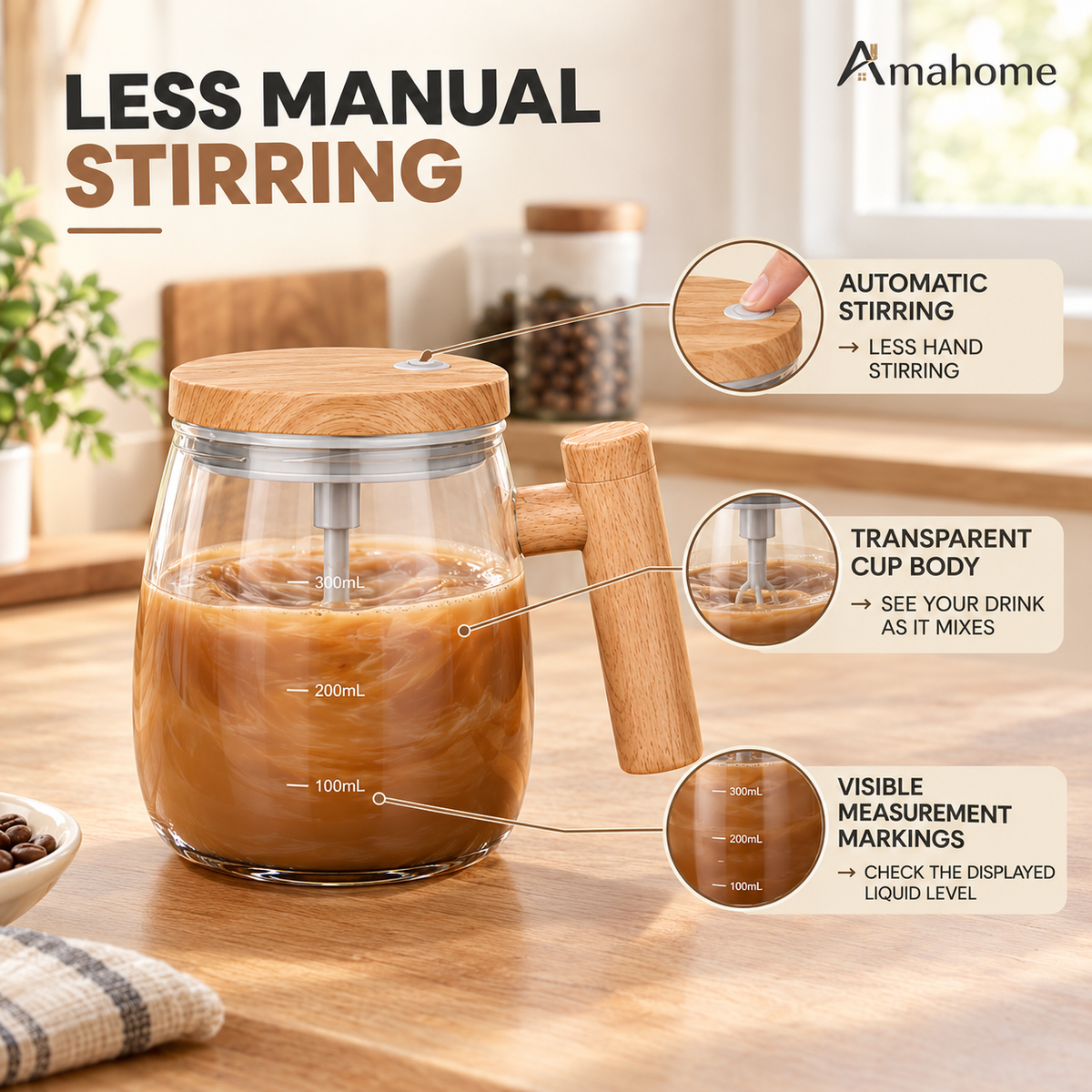 400ml Self-Stirring Coffee Mug – Automatic Mixing Glass Cup with One-Touch Button & Wooden Handle