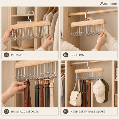 Multi-Hook Wooden Closet Organizer Hanger – Space-Saving Wardrobe Storage Rack for Bags, Caps & Accessories