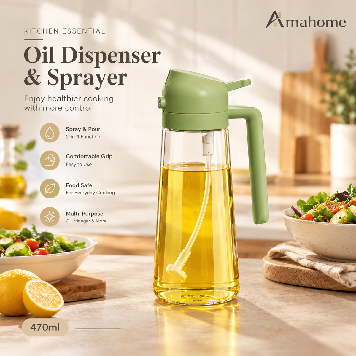 470ml 2-in-1 Oil Spray & Pour Dispenser Bottle – Kitchen Cooking Oil Sprayer with Handle