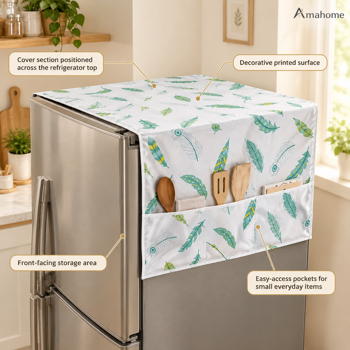 Refrigerator Cover & Storage Organizer – Feather Print