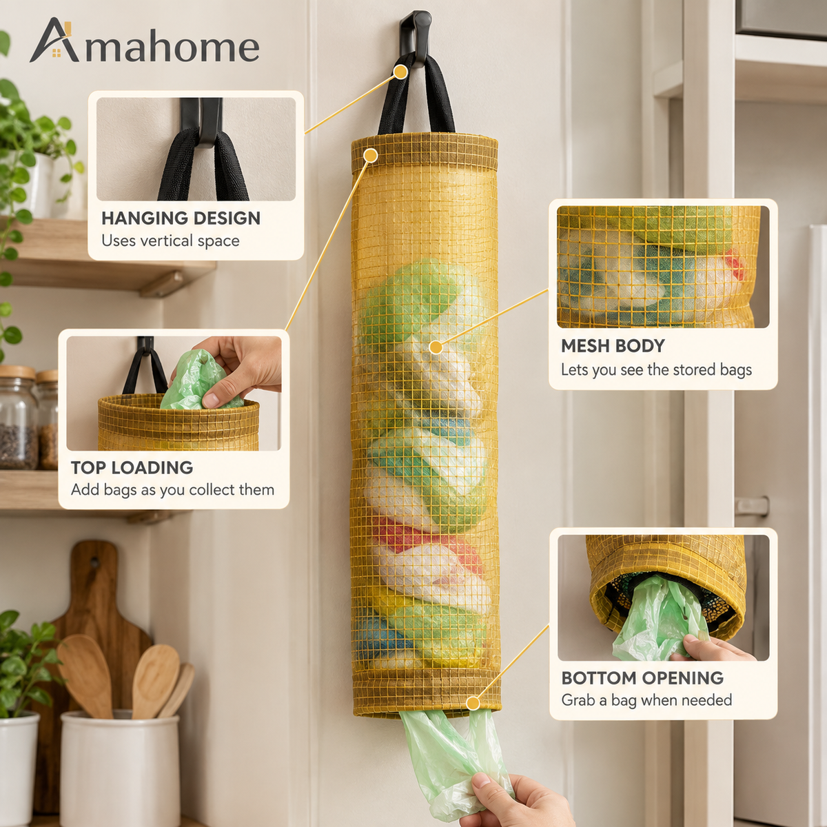 Hanging Mesh Garbage Bag Dispenser – Kitchen Waste Bag Organizer