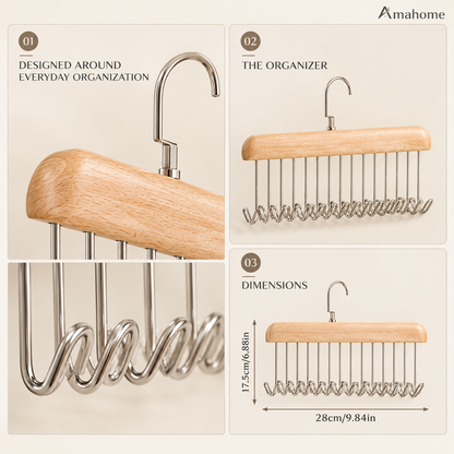 Multi-Hook Wooden Closet Organizer Hanger – Space-Saving Wardrobe Storage Rack for Bags, Caps & Accessories