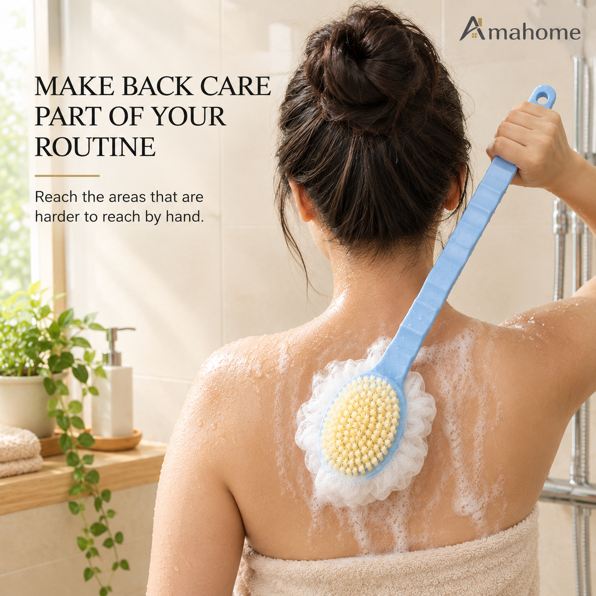 Long Handle Shower Brush with Soft Bristles & Body Scrubber
