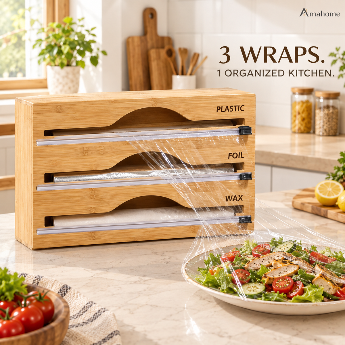 3-in-1 Bamboo Wrap Dispenser & Cutter – Plastic Wrap, Foil & Wax Paper Organizer