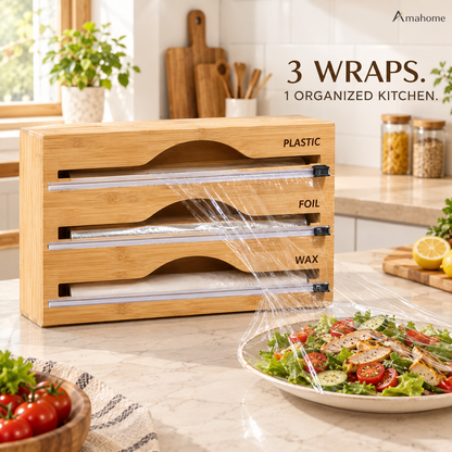 3-in-1 Bamboo Wrap Dispenser & Cutter – Plastic Wrap, Foil & Wax Paper Organizer