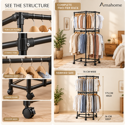 2-Tier Rolling Clothes Rack – Double-Layer Garment Organizer with Wheels