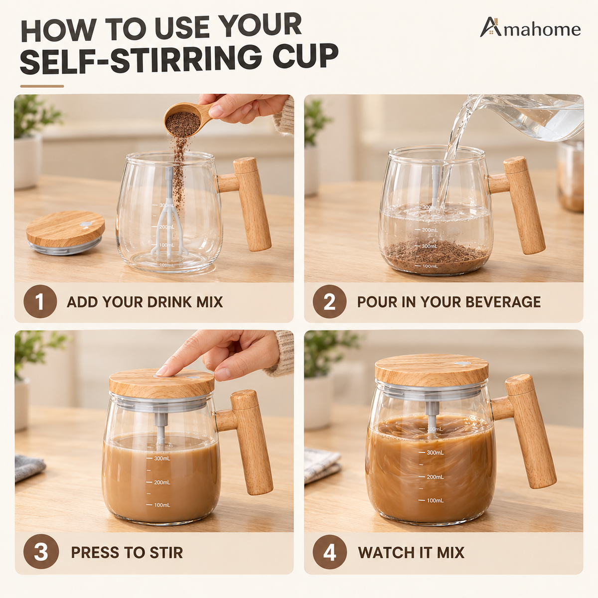 400ml Self-Stirring Coffee Mug – Automatic Mixing Glass Cup with One-Touch Button & Wooden Handle