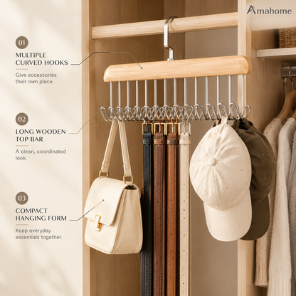 Multi-Hook Wooden Closet Organizer Hanger – Space-Saving Wardrobe Storage Rack for Bags, Caps & Accessories