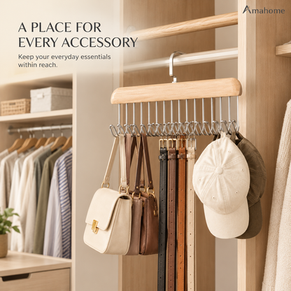 Multi-Hook Wooden Closet Organizer Hanger – Space-Saving Wardrobe Storage Rack for Bags, Caps & Accessories