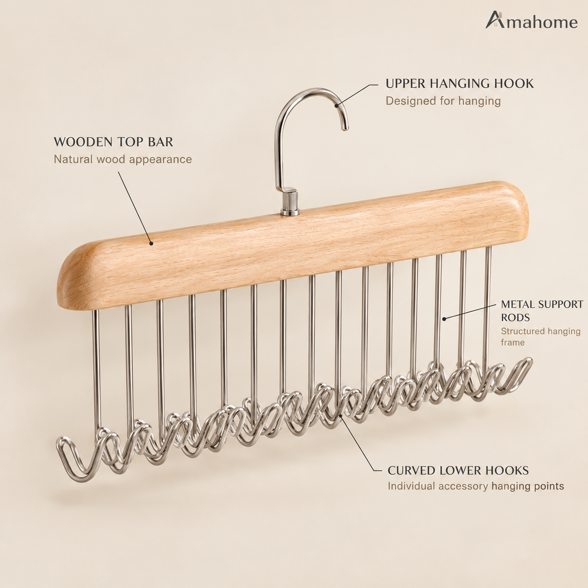 Multi-Hook Wooden Closet Organizer Hanger – Space-Saving Wardrobe Storage Rack for Bags, Caps & Accessories