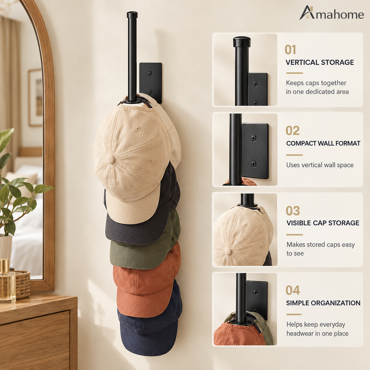 Wall-Mounted Cap Organizer – Space-Saving Hat Storage Rack