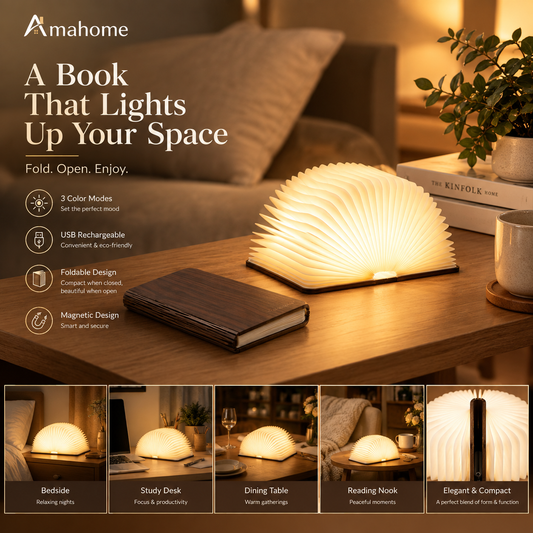Foldable Book-Shaped LED Lamp – 3 Color Modes USB Rechargeable Decorative Night Light