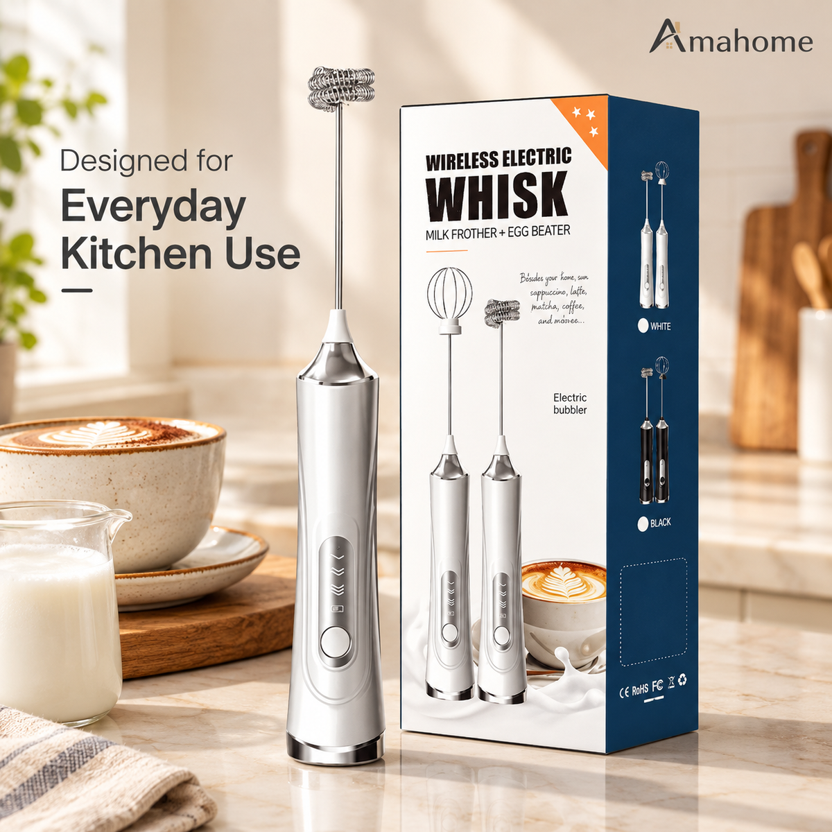 Rechargeable Electric Milk Frother & Whisk – 3-Speed Handheld Foam Maker & Egg Beater with Type-C