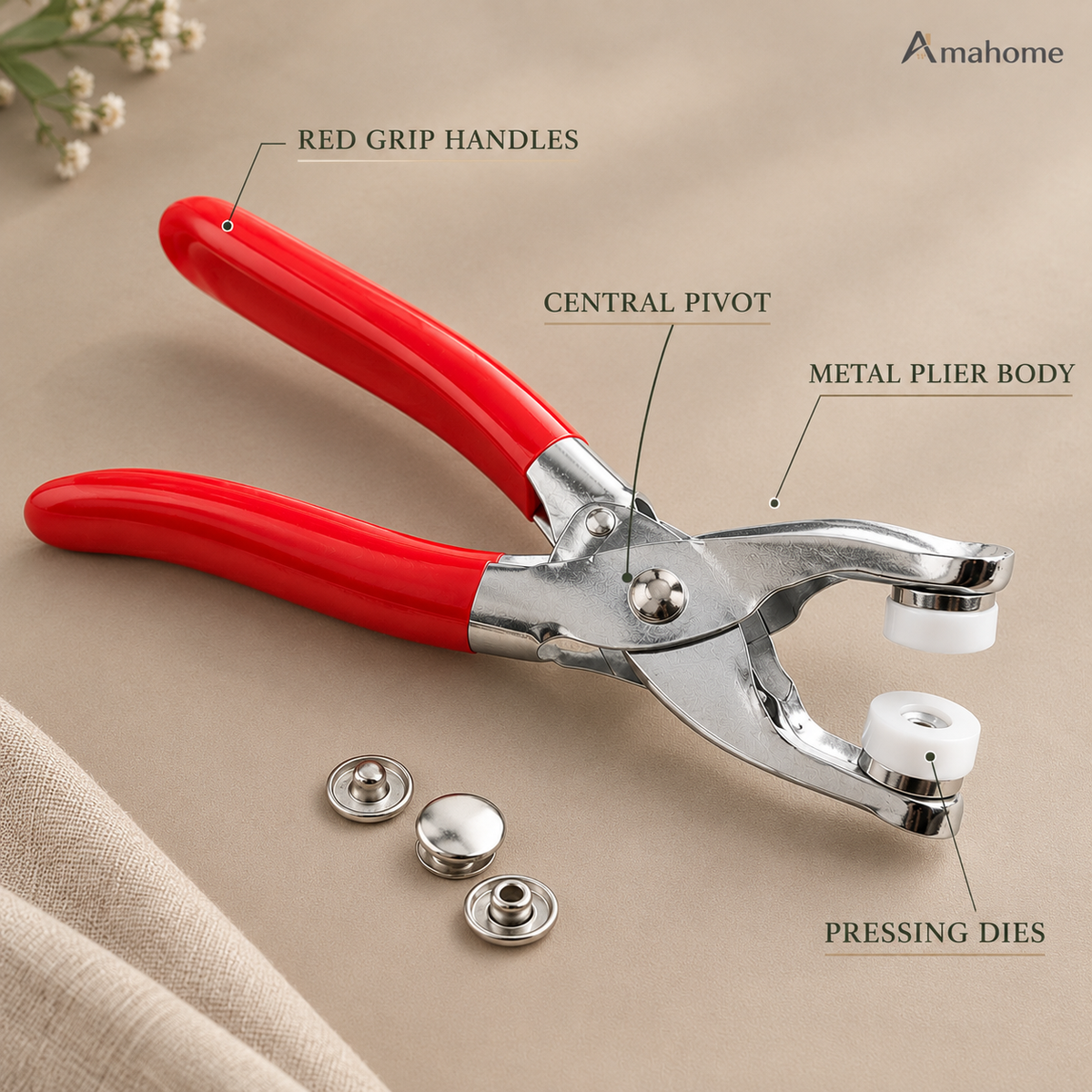 Snap Button Pliers Kit with 50 Metal Buttons – No-Sew Clothing Fastener & Button Installation Tool