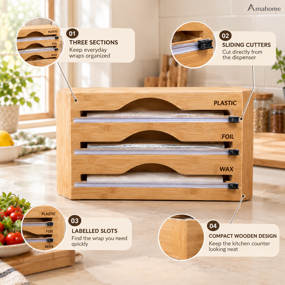 3-in-1 Bamboo Wrap Dispenser & Cutter – Plastic Wrap, Foil & Wax Paper Organizer