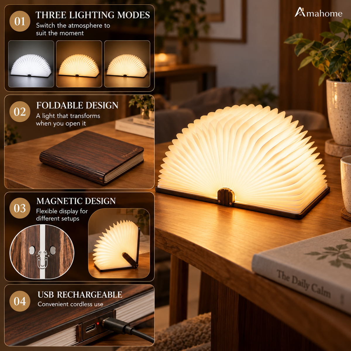 Foldable Book-Shaped LED Lamp – 3 Color Modes USB Rechargeable Decorative Night Light