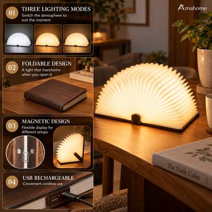 Foldable Book-Shaped LED Lamp – 3 Color Modes USB Rechargeable Decorative Night Light