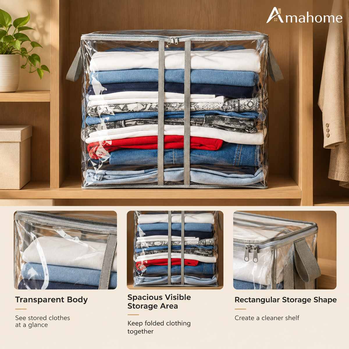 Transparent clothes storage organizer bag filled with folded clothing on a wardrobe shelf