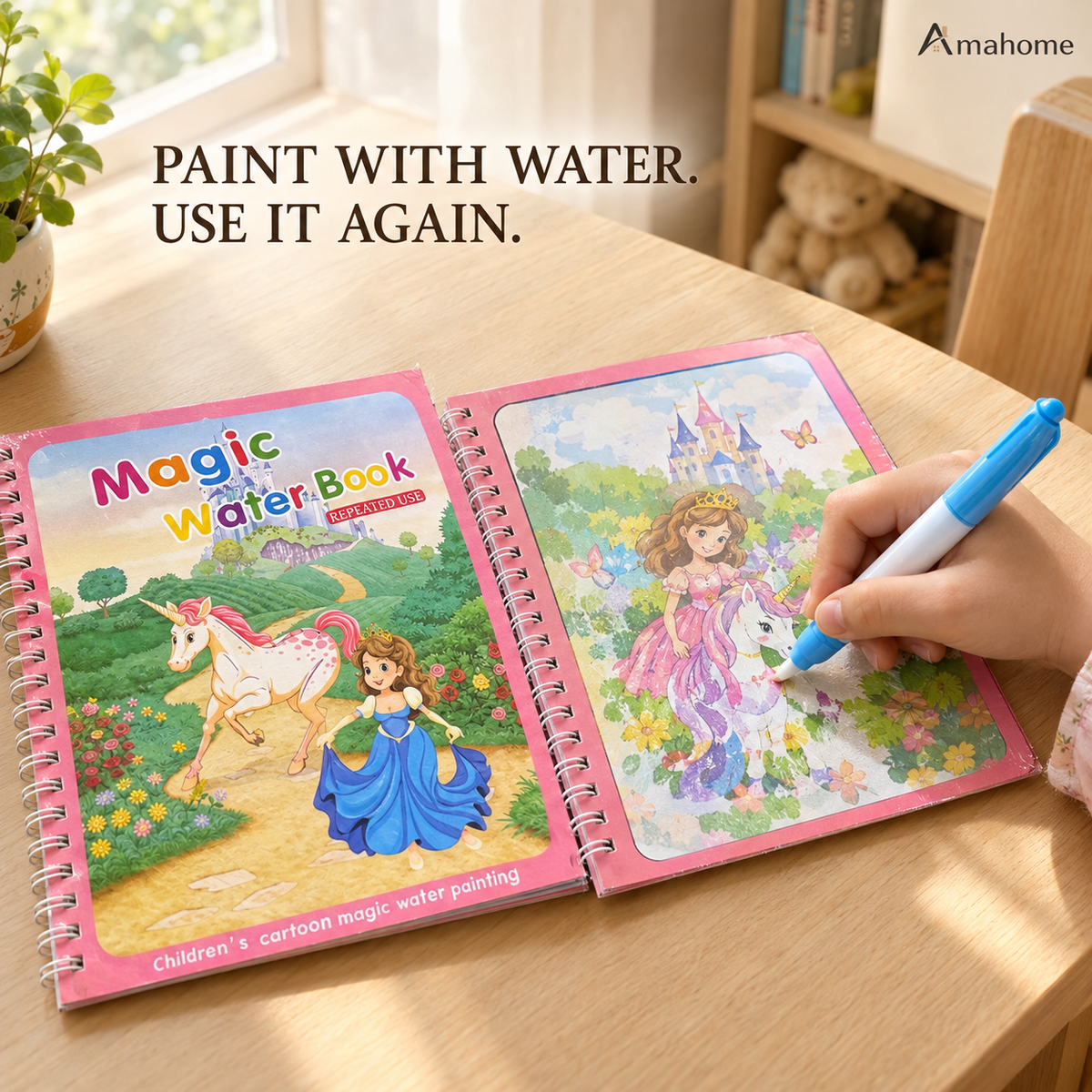 Magic Water Coloring Book for Kids – Reusable Water Painting Activity Book with Water Pen