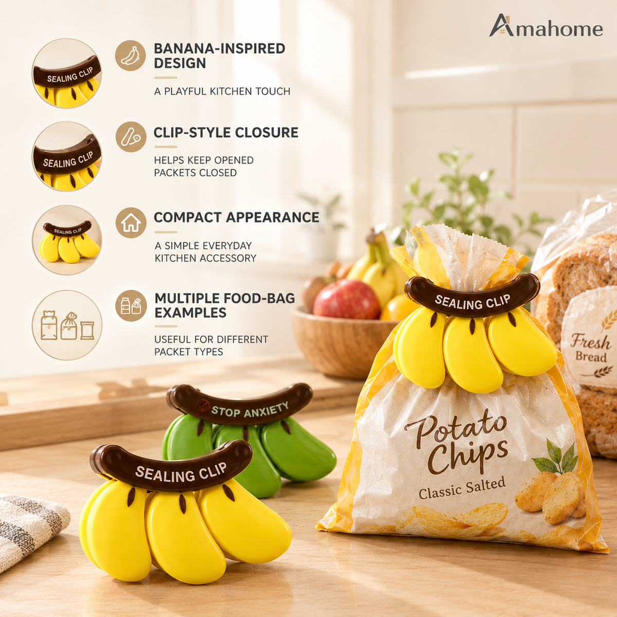 Cute Banana-Shaped Bag Sealing Clips – Reusable Food Storage Clips for Snacks & Kitchen Bags