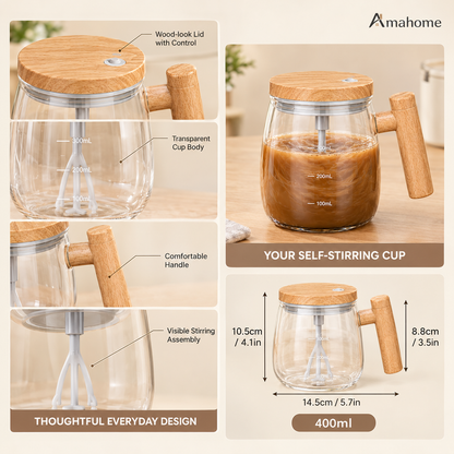 400ml Self-Stirring Coffee Mug – Automatic Mixing Glass Cup with One-Touch Button & Wooden Handle