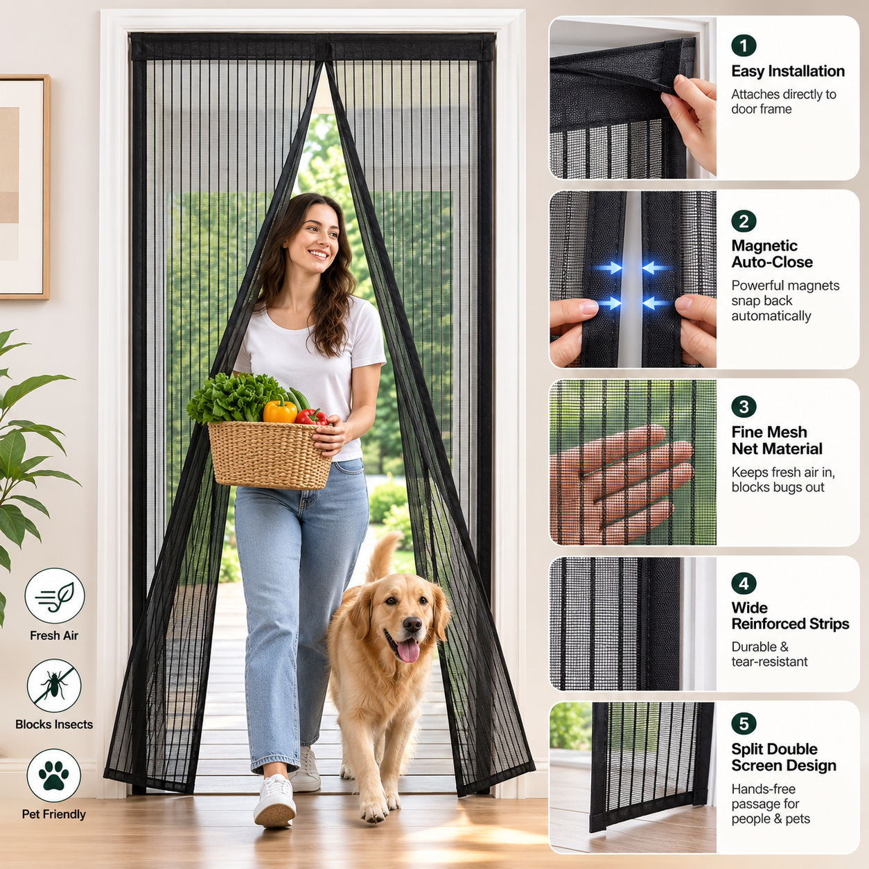 Magic Mesh Instant Screen Door – Tool-Free Installation for Bug-Free Fresh Air